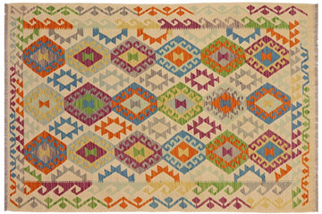 Flat Weave Kilim, Antique, Navaho, Vintage, Handmade, Geometric Kilim Beige Blue Hand-Woven Rectangle 100% Wool Area Rug 5 x 7